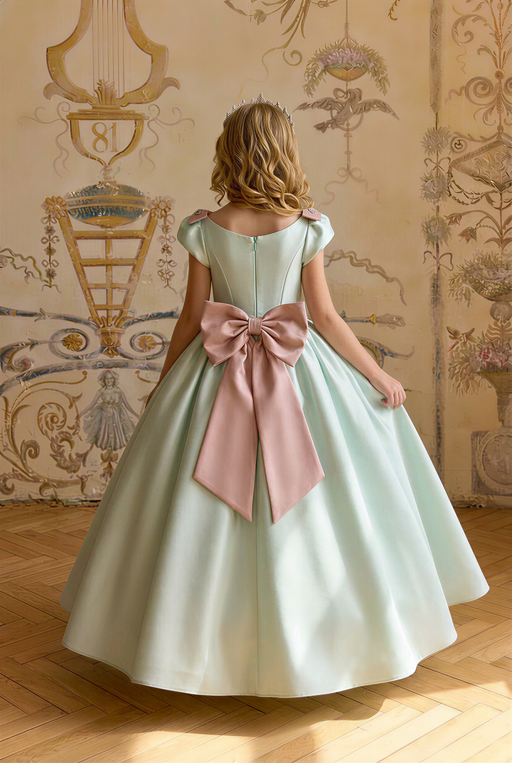 Girls Regency Dress – Handmade Mint Green Satin Princess Dress with Pink Rhinestone Waistband & Bow Details