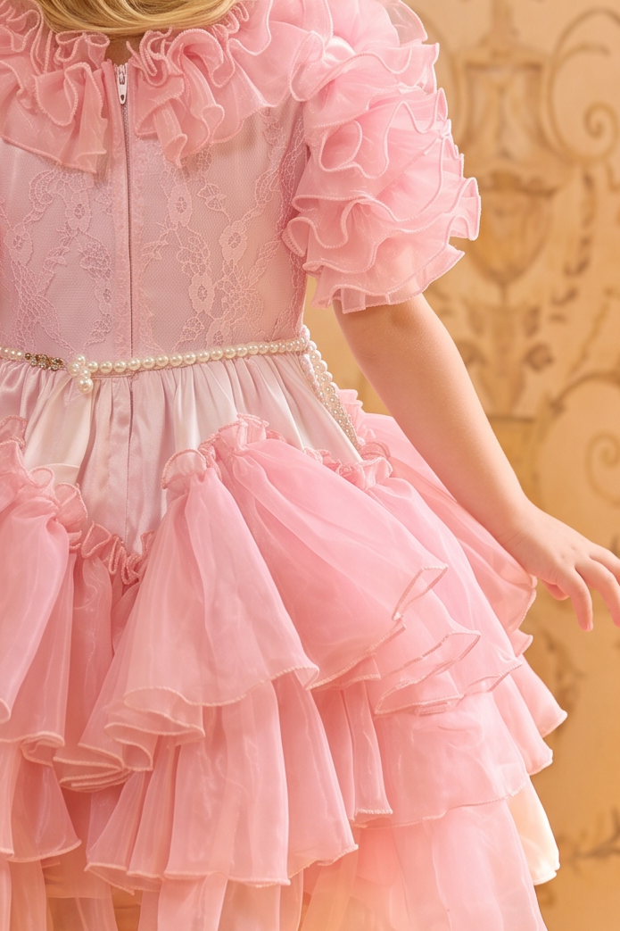 Girls Rococo Dress – Handmade Pink Tulle Lolita Party Gown with Lace Ruffles, Pearl Trim & Floral Details