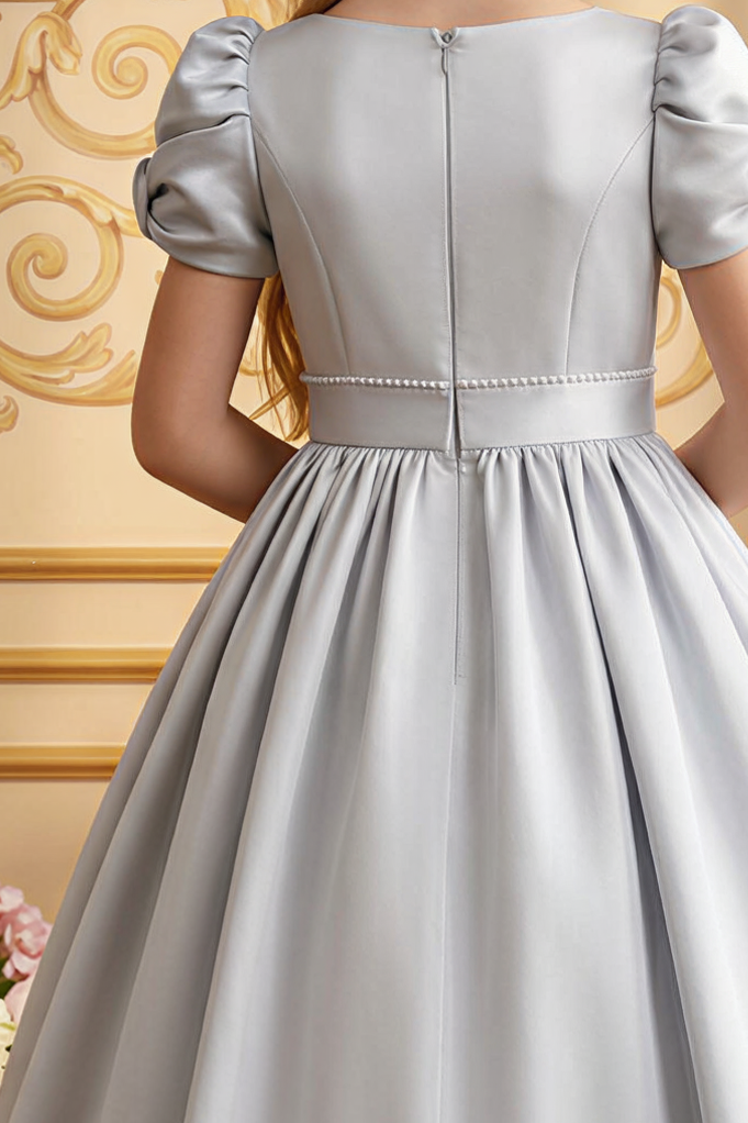 Girls Victorian Dress – Handmade Silver Gray Satin Puff Sleeve Formal Dress with Pearl Trim
