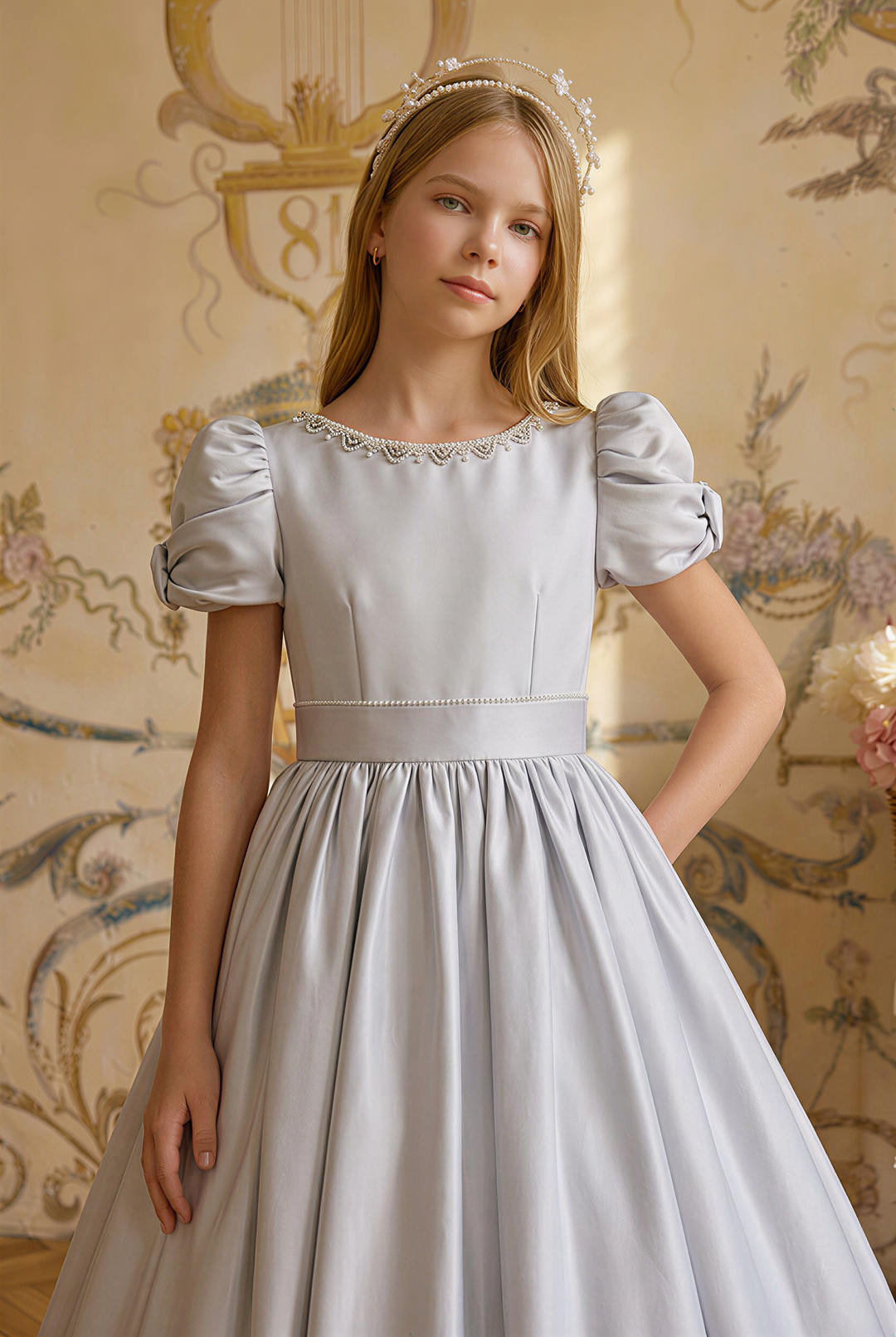 Girls Victorian Dress – Handmade Silver Gray Satin Puff Sleeve Formal Dress with Pearl Trim