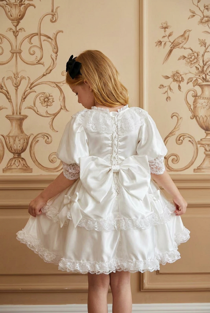 Girls Victorian Dress – Handmade White Satin Lace Puff Sleeve Party Dress with Oversized Bow