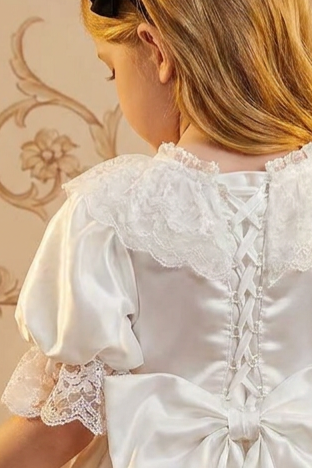 Girls Victorian Dress – Handmade White Satin Lace Puff Sleeve Party Dress with Oversized Bow