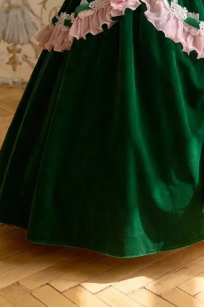 Girls Vintage Dress – Green Velvet Off Shoulder Pink Ruffle Ball Gown with Rose Appliques Plus Size