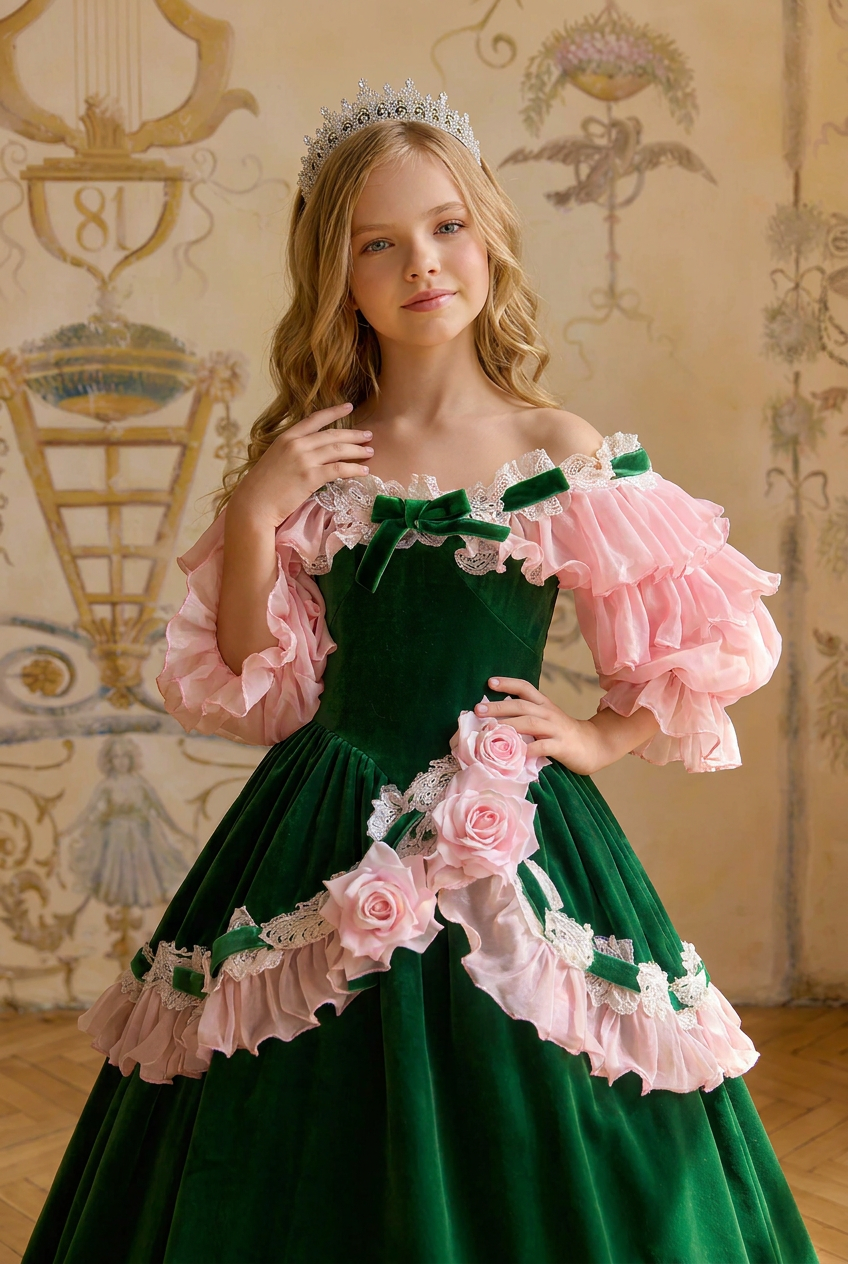 Girls Vintage Dress – Green Velvet Off Shoulder Pink Ruffle Ball Gown with Rose Appliques Plus Size