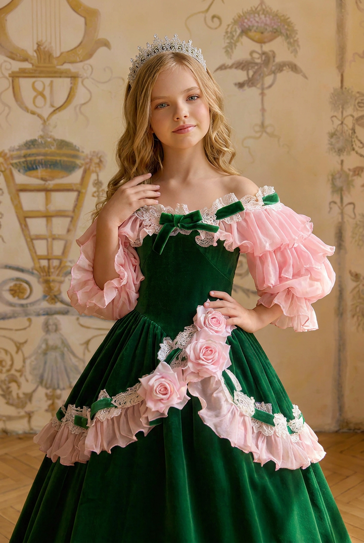 Girls Vintage Dress – Green Velvet Off Shoulder Pink Ruffle Ball Gown with Rose Appliques Plus Size