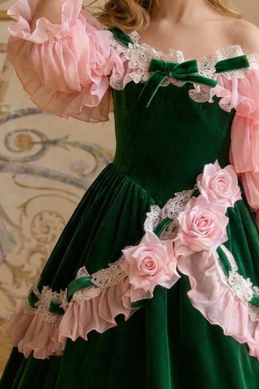 Girls Vintage Dress – Green Velvet Off Shoulder Pink Ruffle Ball Gown with Rose Appliques Plus Size