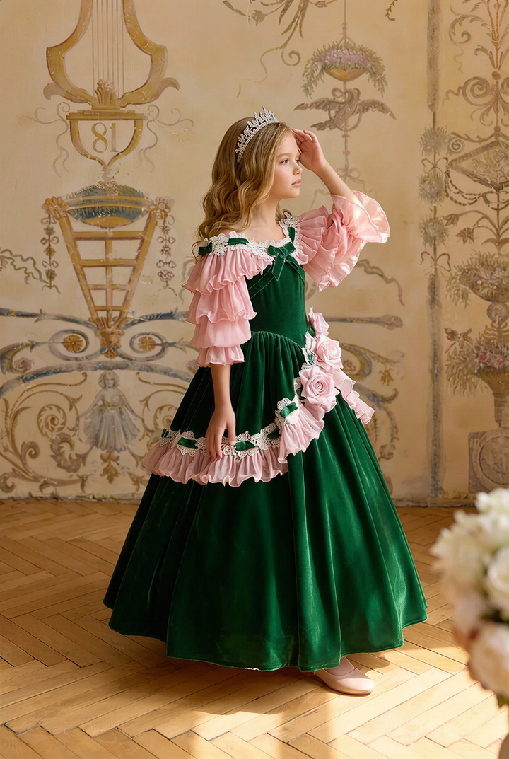 Girls Vintage Dress – Green Velvet Off Shoulder Pink Ruffle Ball Gown with Rose Appliques Plus Size