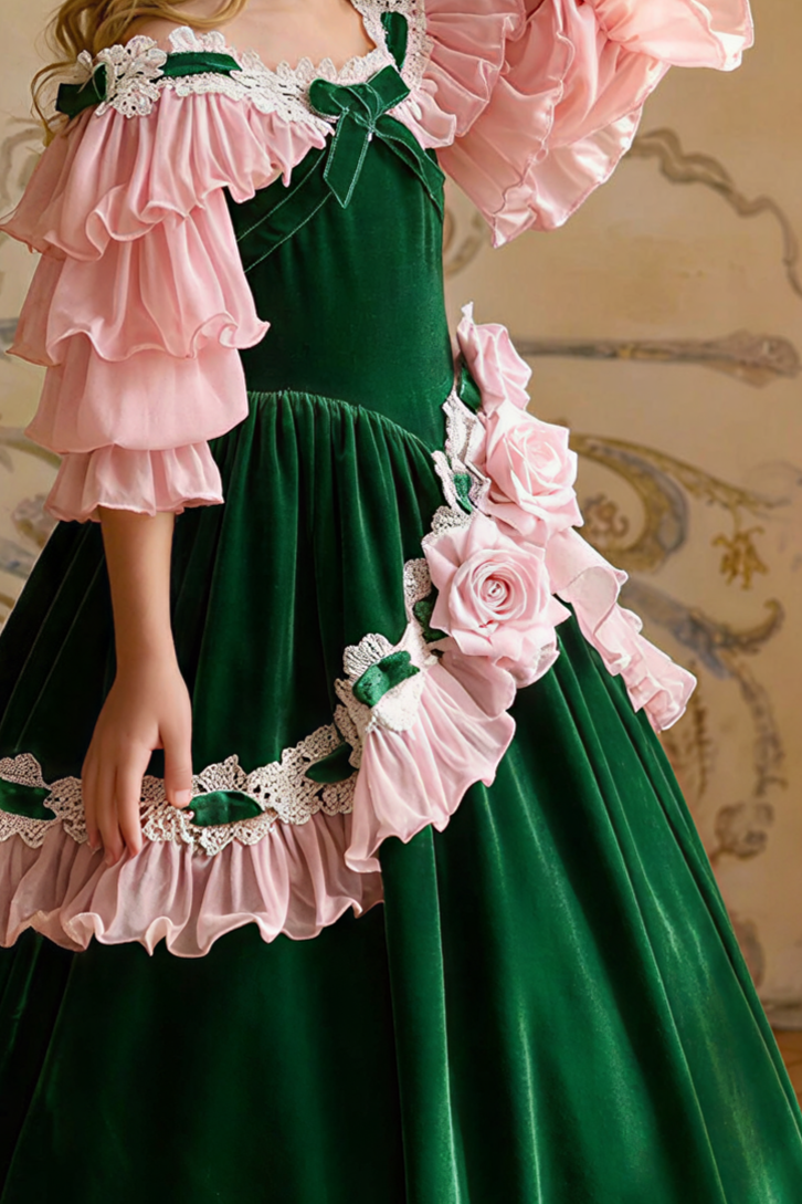 Girls Vintage Dress – Green Velvet Off Shoulder Pink Ruffle Ball Gown with Rose Appliques Plus Size