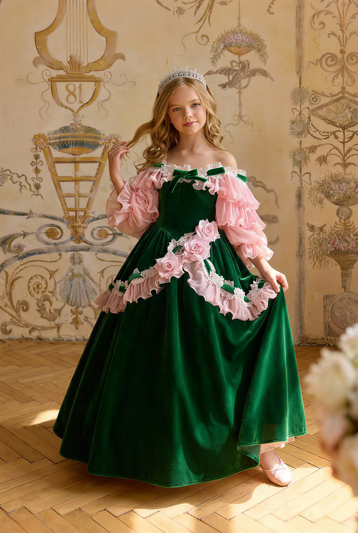 Girls Vintage Dress – Green Velvet Off Shoulder Pink Ruffle Ball Gown with Rose Appliques Plus Size