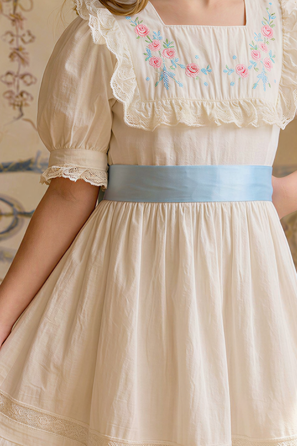 Girls Vintage Dress – Handmade White Cotton Victorian Dress with Blue Sash, Floral Embroidery & Lace Trim