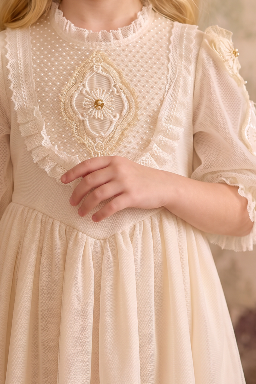 Girls Vintage Dress – Ivory Lace Tulle Dress with Embroidered Bodice, Ruffle Collar &amp; Long Sleeves Plus Size