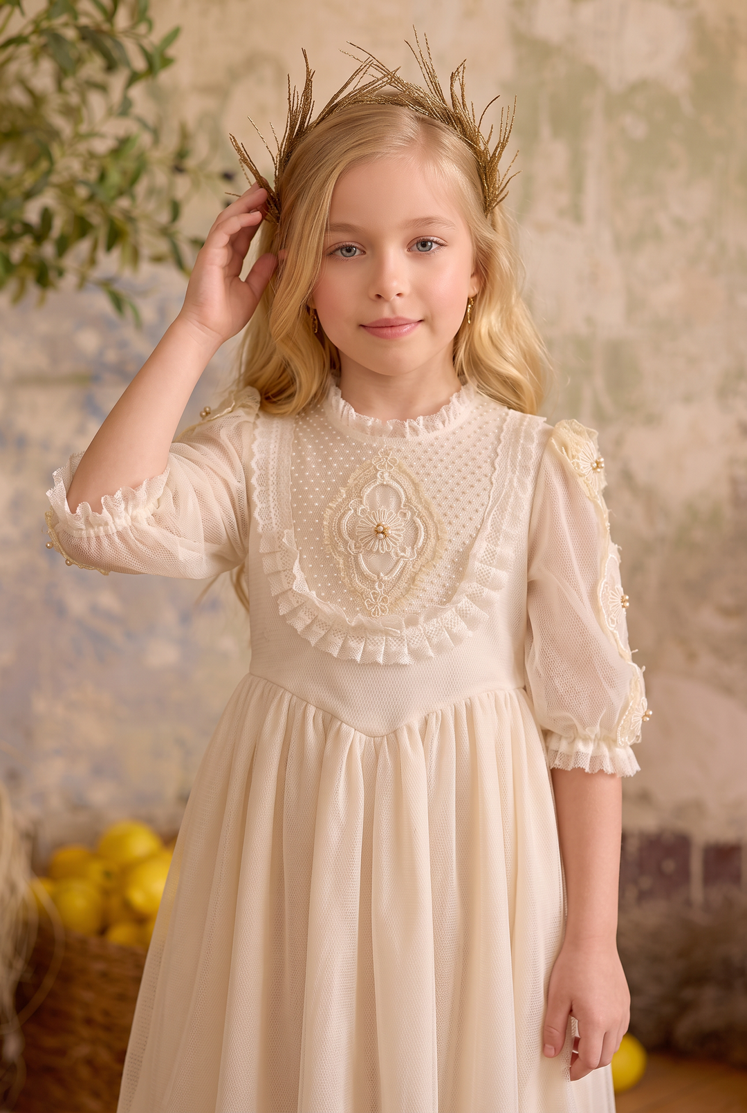 Girls Vintage Dress – Ivory Lace Tulle Dress with Embroidered Bodice, Ruffle Collar &amp; Long Sleeves Plus Size