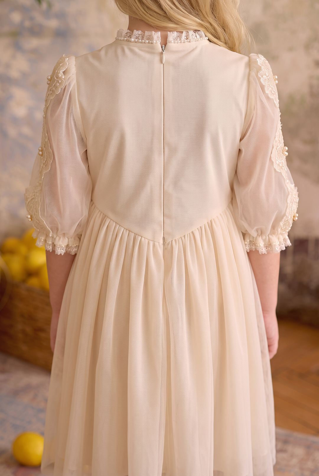 Girls Vintage Dress – Ivory Lace Tulle Dress with Embroidered Bodice, Ruffle Collar &amp; Long Sleeves Plus Size