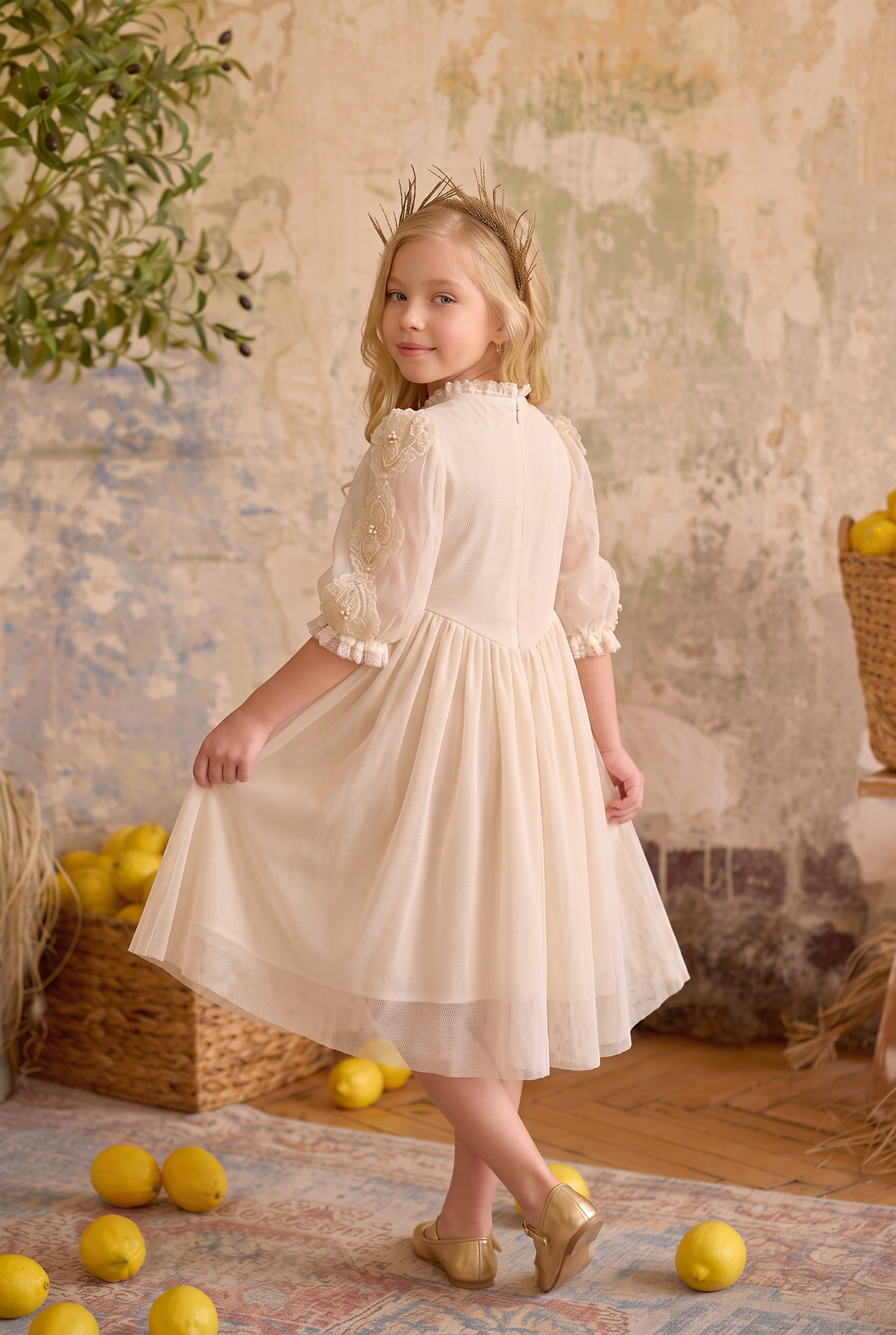 Girls Vintage Dress – Ivory Lace Tulle Dress with Embroidered Bodice, Ruffle Collar &amp; Long Sleeves Plus Size