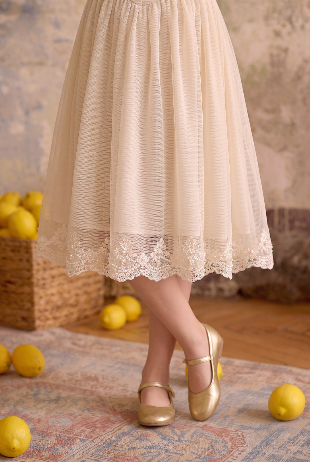 Girls Vintage Dress – Ivory Lace Tulle Dress with Embroidered Bodice, Ruffle Collar &amp; Long Sleeves Plus Size