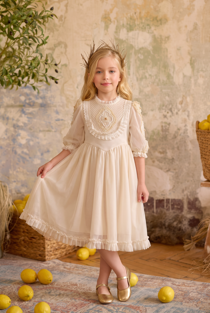 Girls Vintage Dress – Ivory Lace Tulle Dress with Embroidered Bodice, Ruffle Collar &amp; Long Sleeves Plus Size