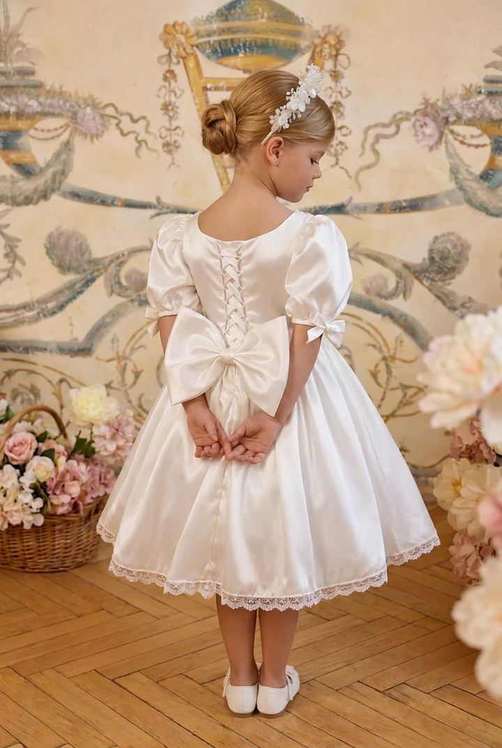 Girls Vintage Dress – White Satin Short Dress with Puff Sleeves, Lace Trim & Bow Detail Plus Size