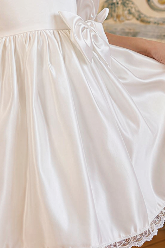 Girls Vintage Dress – White Satin Short Dress with Puff Sleeves, Lace Trim & Bow Detail Plus Size