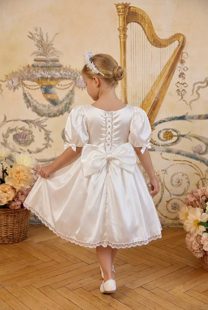 Girls Vintage Dress – White Satin Short Dress with Puff Sleeves, Lace Trim & Bow Detail Plus Size