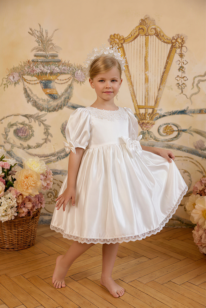 Girls Vintage Dress – White Satin Short Dress with Puff Sleeves, Lace Trim & Bow Detail Plus Size
