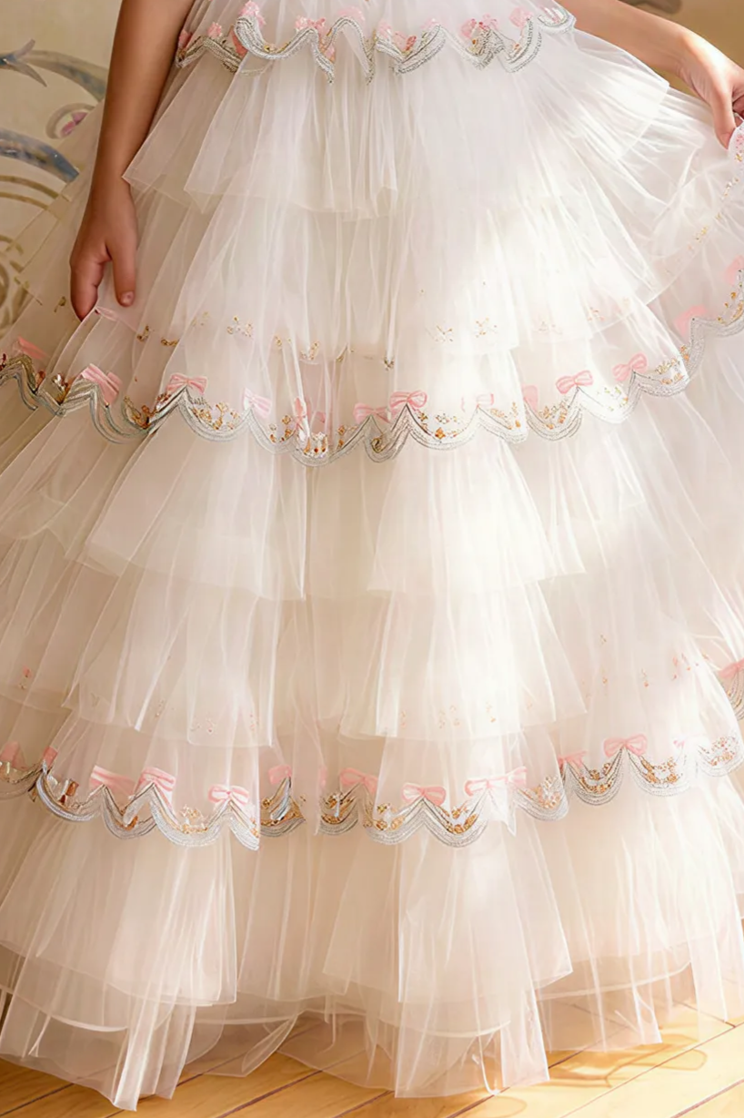Girls Vintage Dress – White Tulle Ball Gown with Pink Bow Embroidery, Layered Ruffle Skirt & Puff Sleeves Plus Size