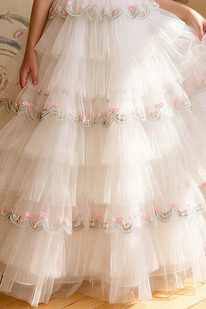 Girls Vintage Dress – White Tulle Ball Gown with Pink Bow Embroidery, Layered Ruffle Skirt & Puff Sleeves Plus Size