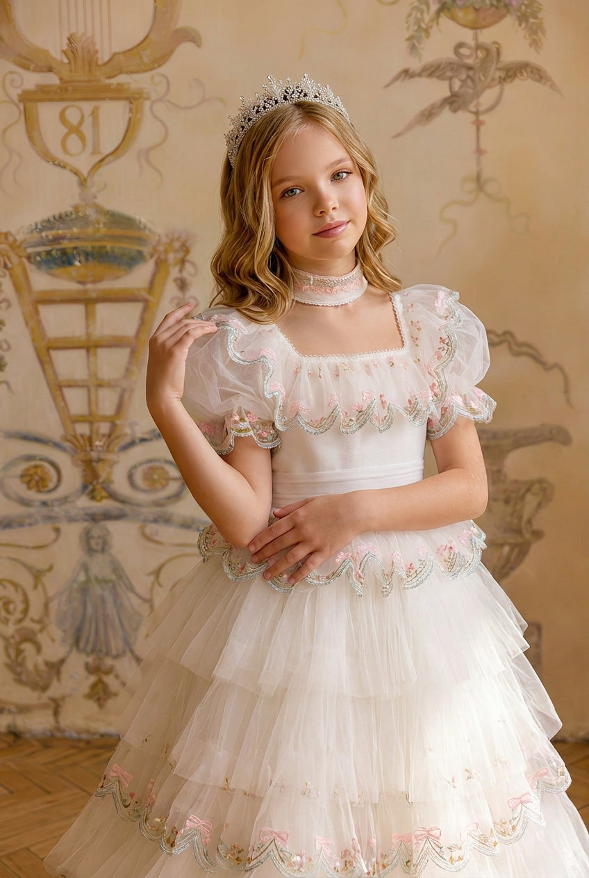 Girls Vintage Dress – White Tulle Ball Gown with Pink Bow Embroidery, Layered Ruffle Skirt & Puff Sleeves Plus Size