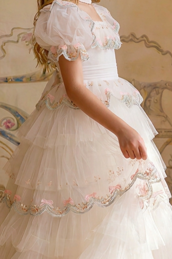 Girls Vintage Dress – White Tulle Ball Gown with Pink Bow Embroidery, Layered Ruffle Skirt & Puff Sleeves Plus Size