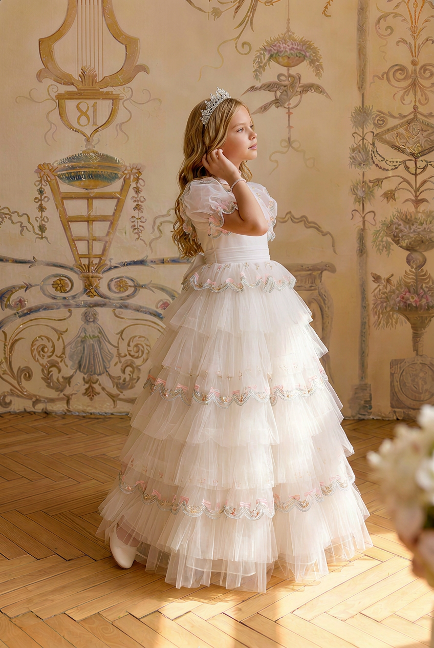 Girls Vintage Dress – White Tulle Ball Gown with Pink Bow Embroidery, Layered Ruffle Skirt & Puff Sleeves Plus Size