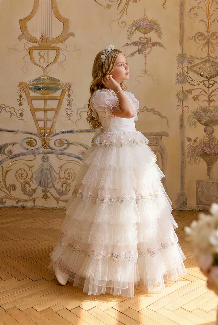 Girls Vintage Dress – White Tulle Ball Gown with Pink Bow Embroidery, Layered Ruffle Skirt & Puff Sleeves Plus Size