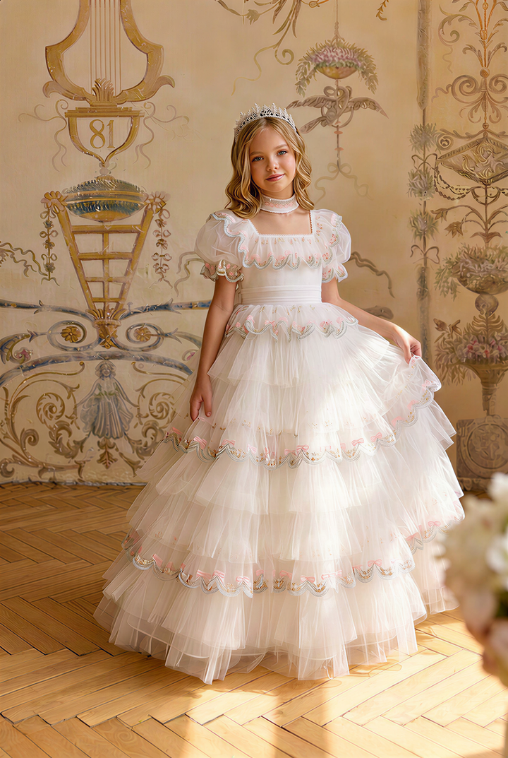 Girls Vintage Dress – White Tulle Ball Gown with Pink Bow Embroidery, Layered Ruffle Skirt & Puff Sleeves Plus Size