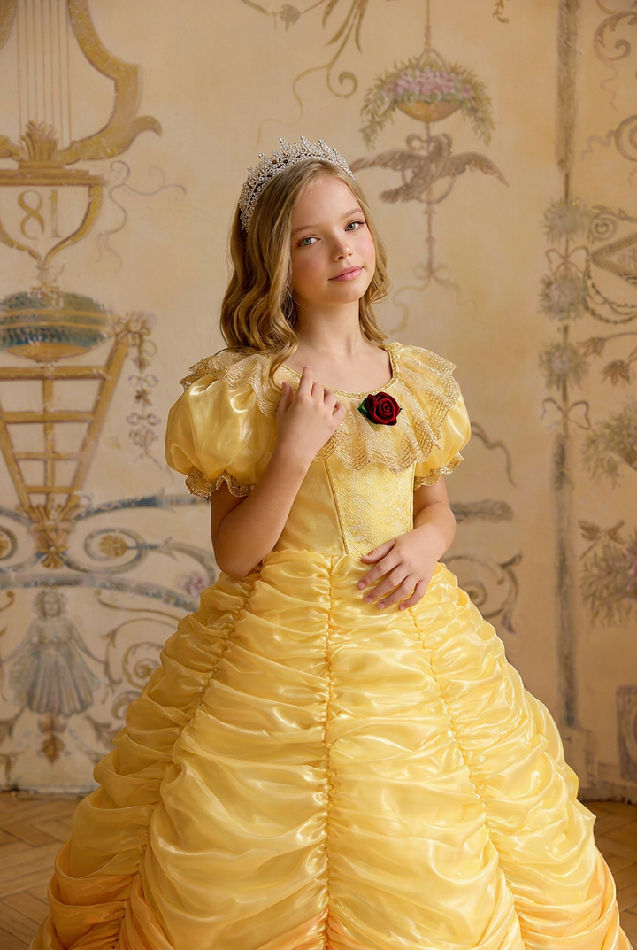 Girls Yellow Ball Gown – Rococo Princess Dress with Ruched Satin Skirt and Puff Sleeves