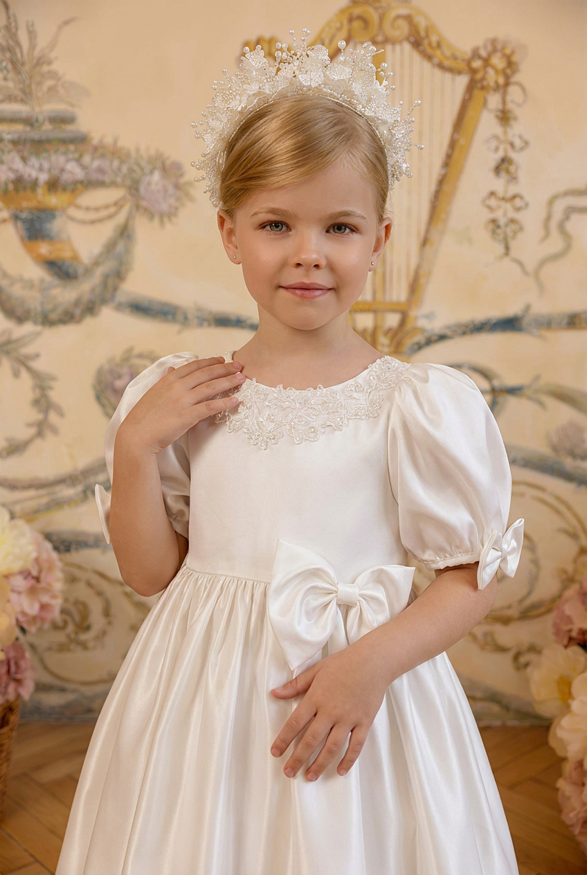 Girls Vintage Dress – White Satin Short Dress with Puff Sleeves, Lace Trim & Bow Detail Plus Size
