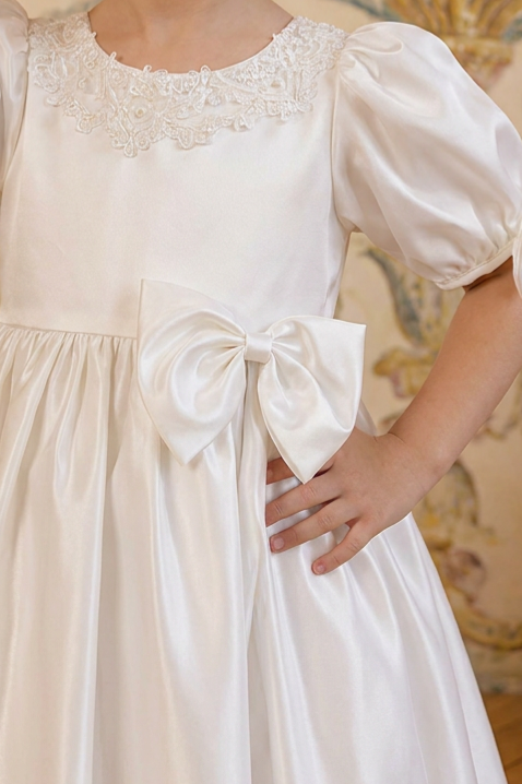 Girls Vintage Dress – White Satin Short Dress with Puff Sleeves, Lace Trim & Bow Detail Plus Size