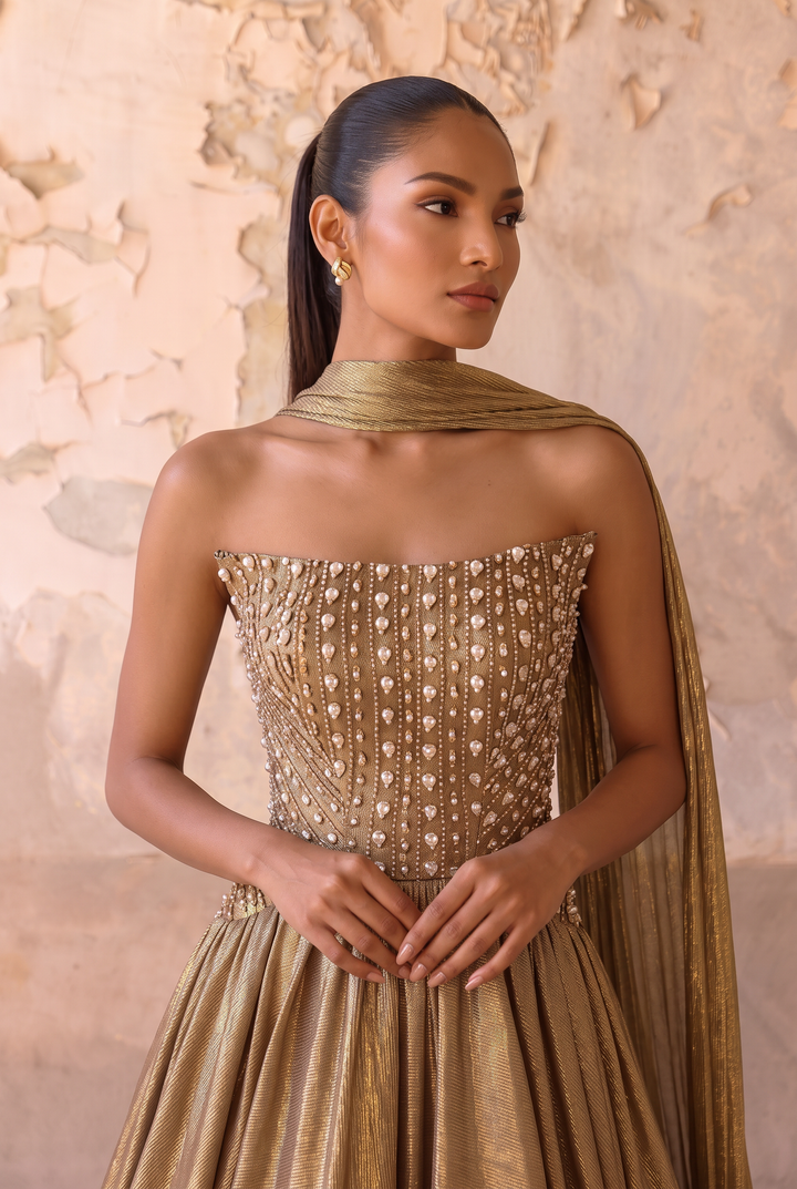 Gold Ball Gown Strapless Beaded Bodice with Halter Neck and Draped Scarf Formal Dress Plus Size
