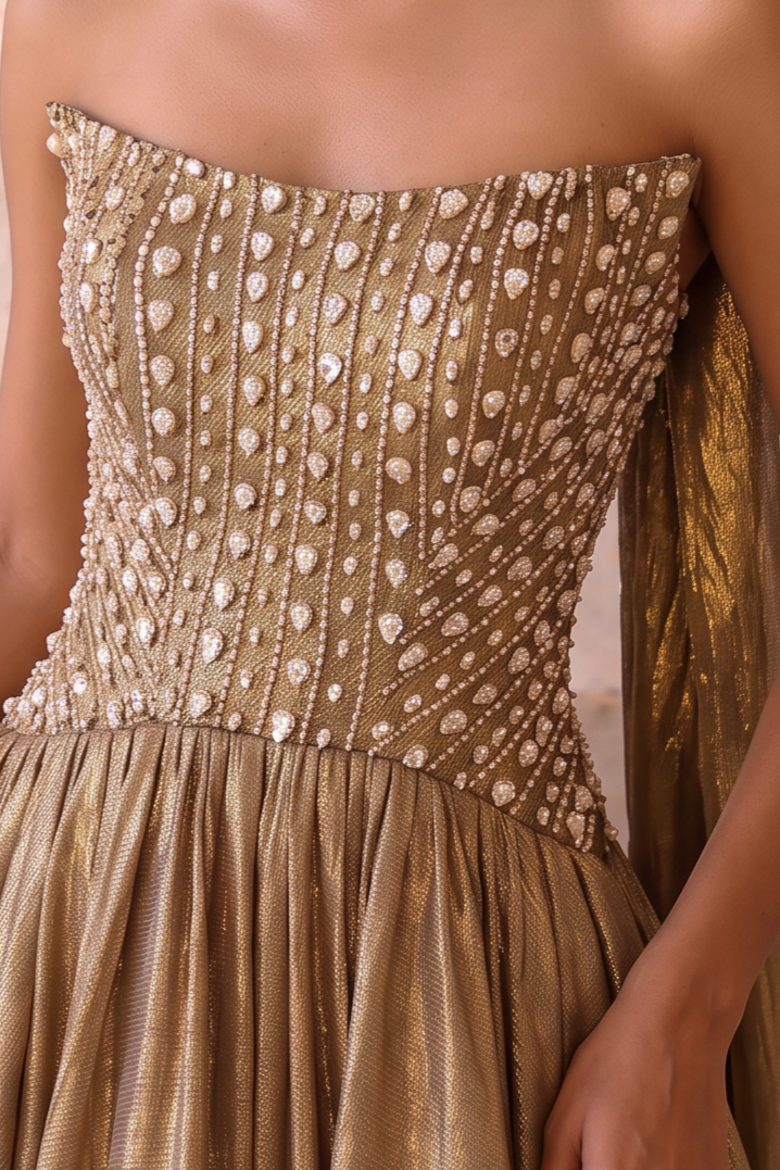Gold Ball Gown Strapless Beaded Bodice with Halter Neck and Draped Scarf Formal Dress Plus Size