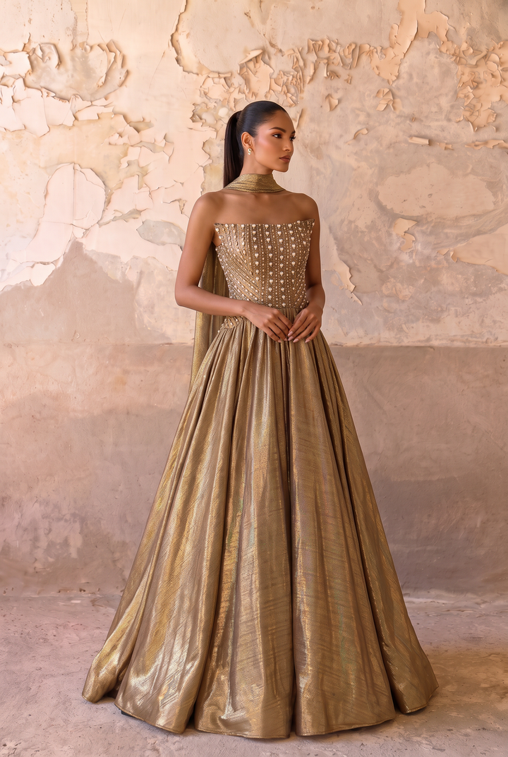Gold Ball Gown Strapless Beaded Bodice with Halter Neck and Draped Scarf Formal Dress Plus Size