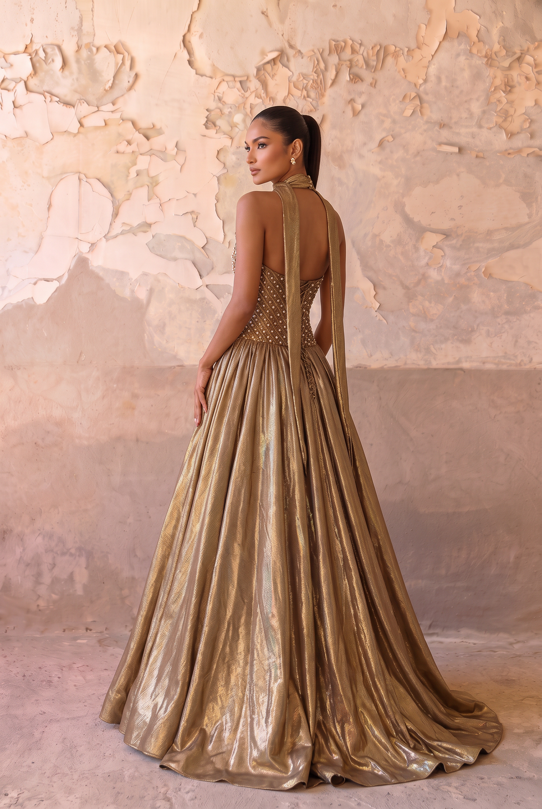Gold Ball Gown Strapless Beaded Bodice with Halter Neck and Draped Scarf Formal Dress Plus Size