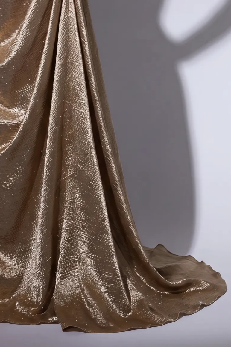 Gold Metallic Strapless Evening Gown - Draped Corset Formal Dress with Choker Scarf - Elegant Long Gown Plus Size