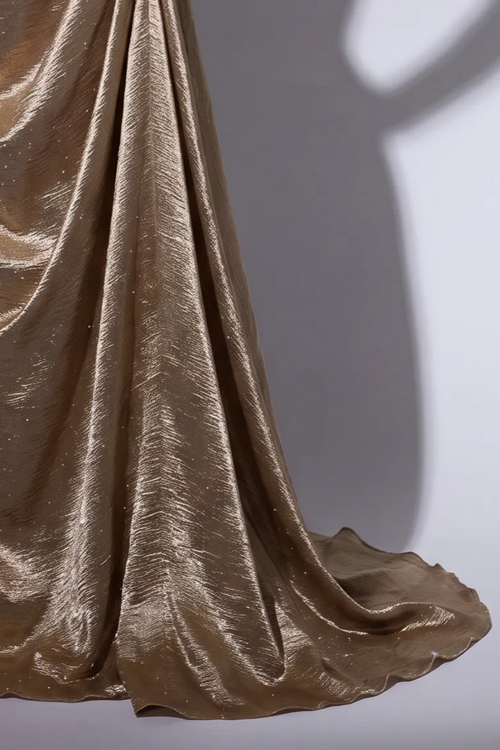 Gold Metallic Strapless Evening Gown - Draped Corset Formal Dress with Choker Scarf - Elegant Long Gown Plus Size