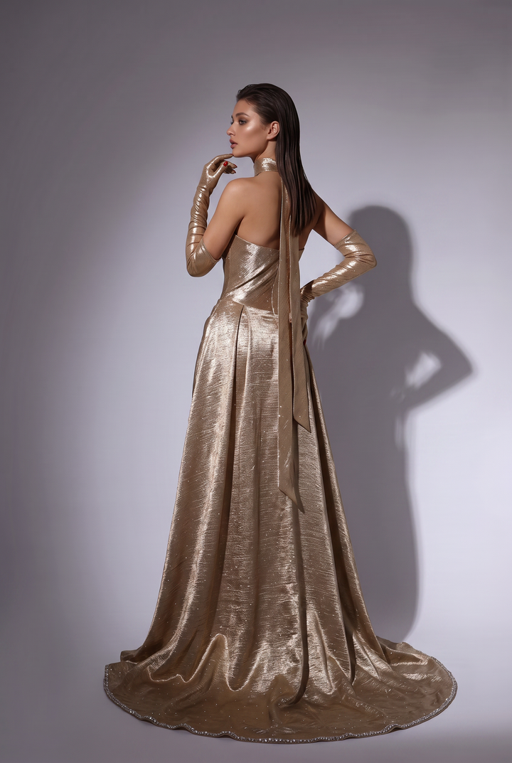 Gold Metallic Strapless Evening Gown - Draped Corset Formal Dress with Choker Scarf - Elegant Long Gown Plus Size