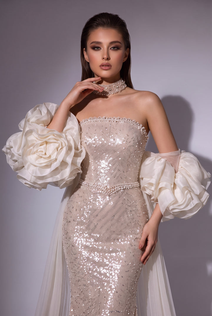 Gold Sequin Mermaid Wedding Dress with Ruffled Sleeves - Strapless Sparkling Evening Gown with Long Train - Plus Size
