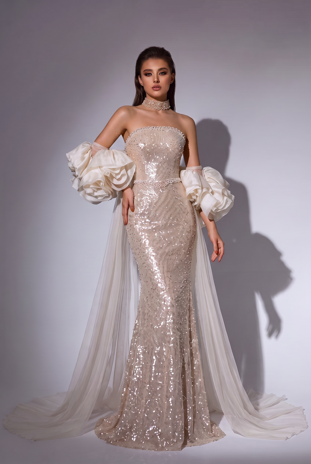 Gold Sequin Mermaid Wedding Dress with Ruffled Sleeves - Strapless Sparkling Evening Gown with Long Train - Plus Size
