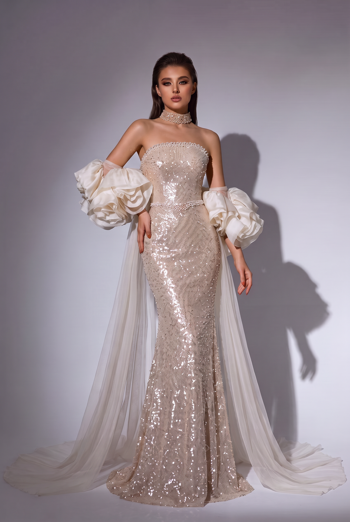 Gold Sequin Mermaid Wedding Dress with Ruffled Sleeves - Strapless Sparkling Evening Gown with Long Train - Plus Size