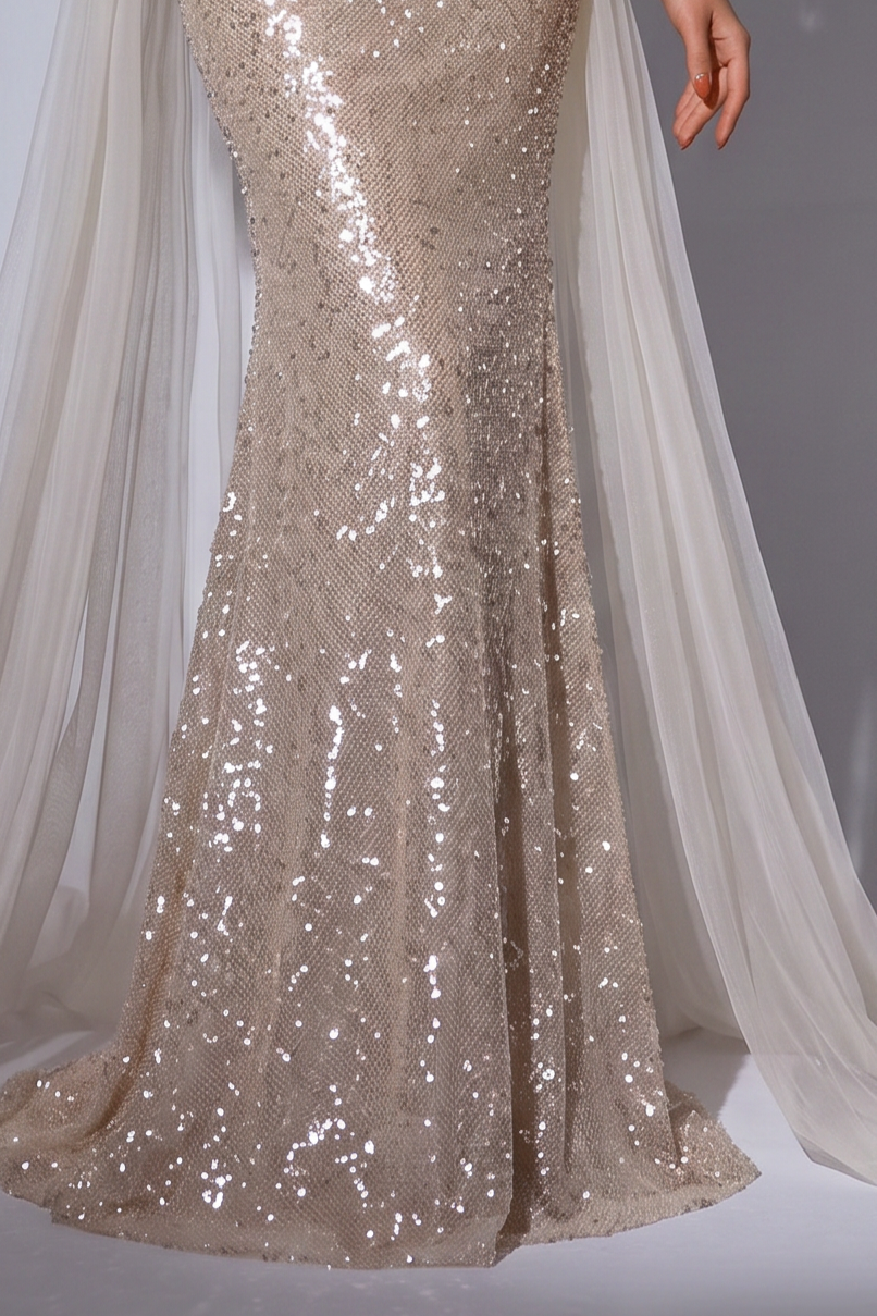Gold Sequin Mermaid Wedding Dress with Ruffled Sleeves - Strapless Sparkling Evening Gown with Long Train - Plus Size