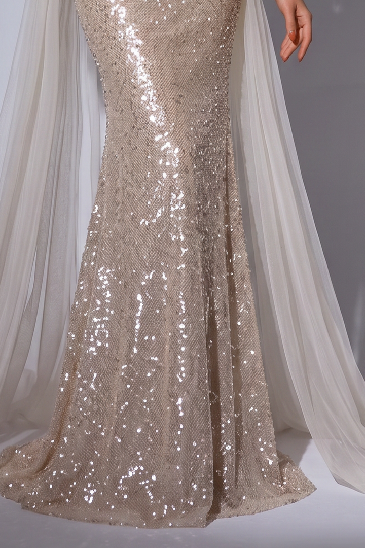 Gold Sequin Mermaid Wedding Dress with Ruffled Sleeves - Strapless Sparkling Evening Gown with Long Train - Plus Size