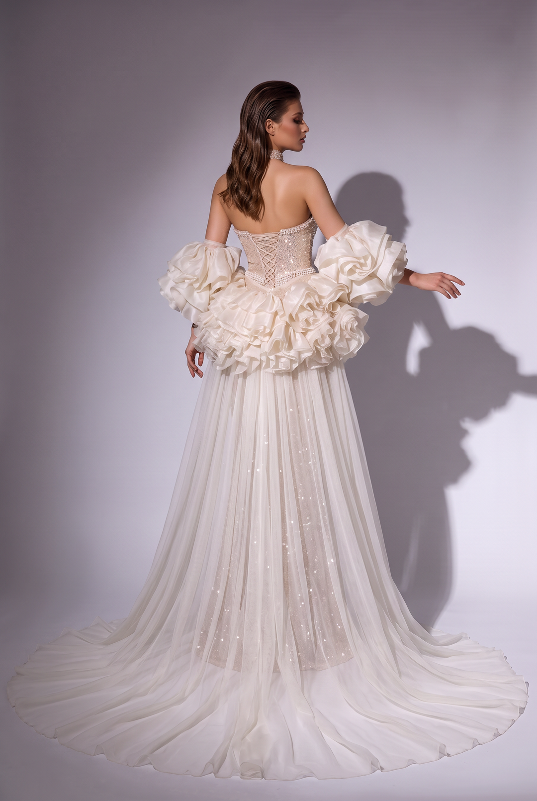 Gold Sequin Mermaid Wedding Dress with Ruffled Sleeves - Strapless Sparkling Evening Gown with Long Train - Plus Size