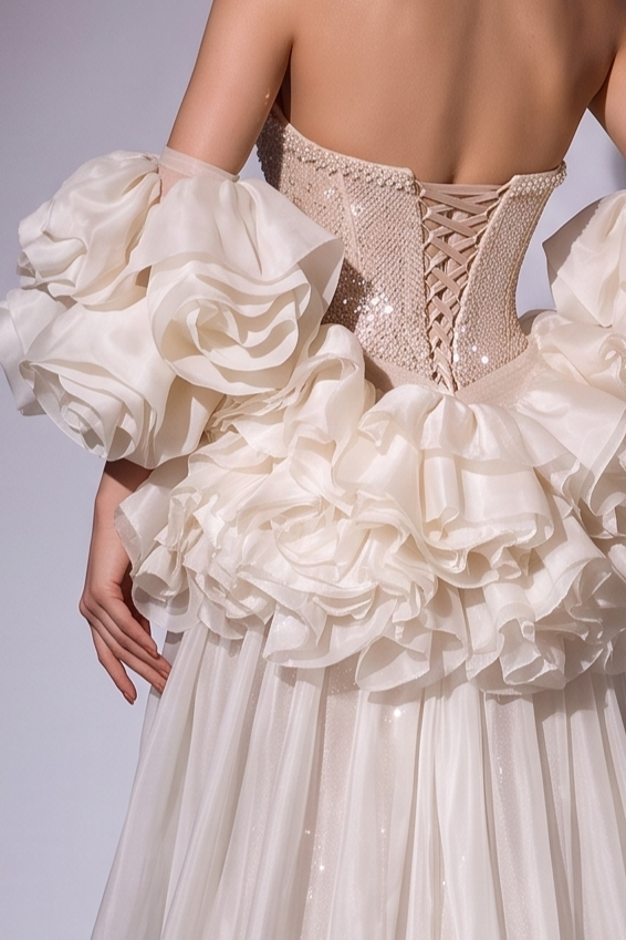 Gold Sequin Mermaid Wedding Dress with Ruffled Sleeves - Strapless Sparkling Evening Gown with Long Train - Plus Size