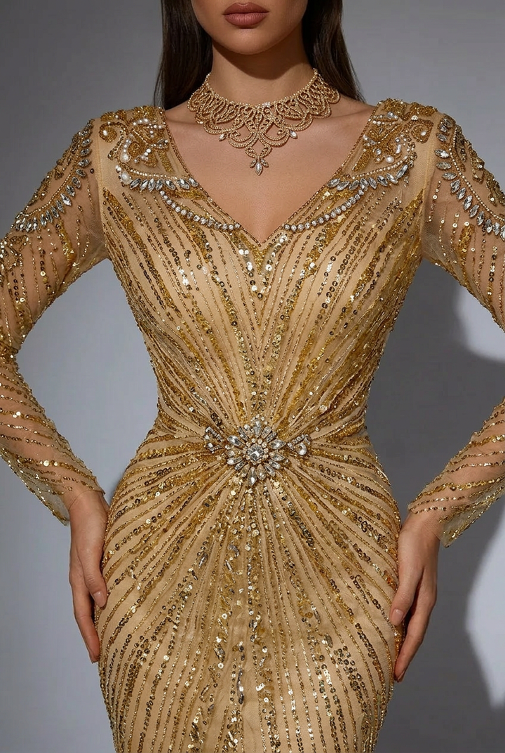 Gold Glitter Maxi l Dress with Long Sleeves – Sequin Evening Gown with Knot Waist Detail Plus Size