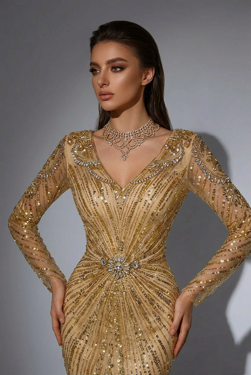 Gold Glitter Maxi l Dress with Long Sleeves – Sequin Evening Gown with Knot Waist Detail Plus Size